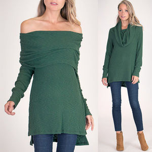 Green 2 in 1 Cowl offshoulder Knit Tunic Top